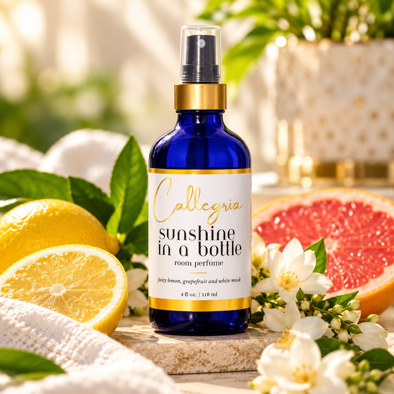 Callegria Sunshine in a Bottle room perfume with lemon, grapefruit, and white flowers